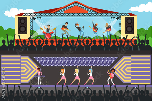 Concerts set with musicians and artists characters