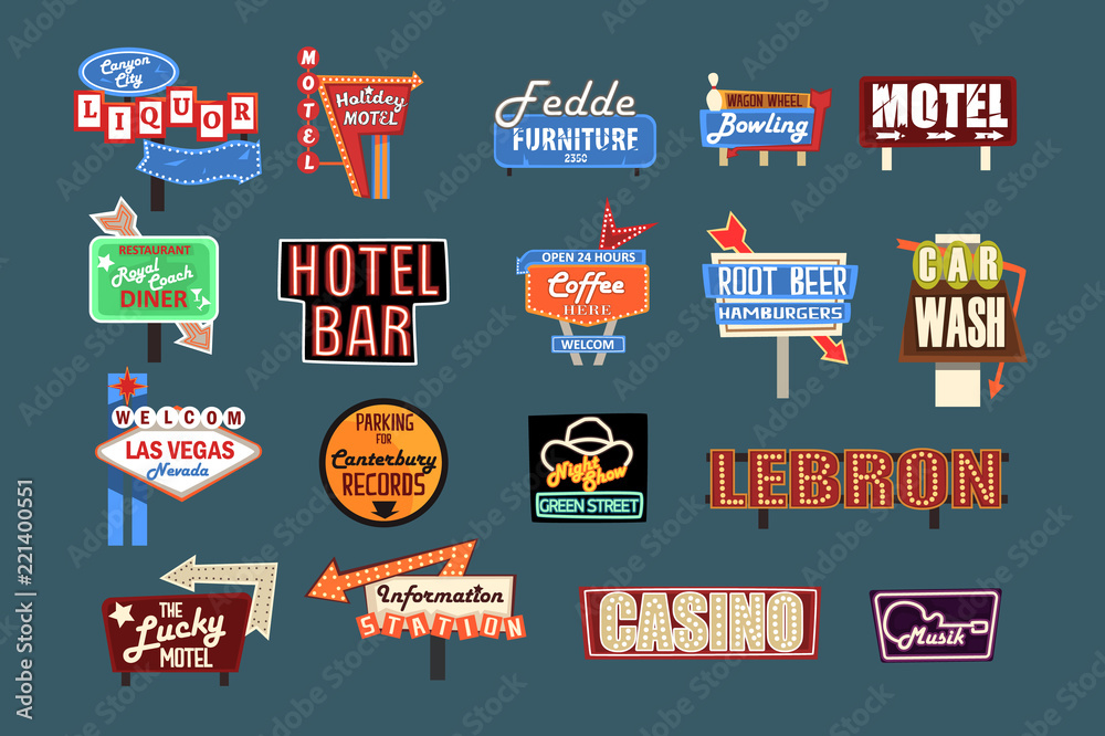 Neon signboards, billboards, light boxes and banners set of vector Illustrations