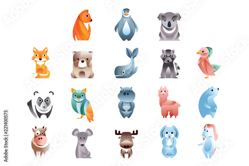 Animals in a geometric flat style with the use of gradients and smooth shapes set of colorful vector Illustrations