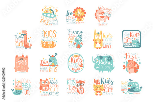 Modern logo design for kids with animals and fantasy characters