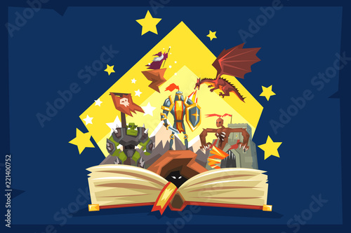 Open book with legend, fairy tail fantasy book with knights, dragon, wizard, imagination concept
