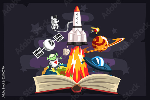 Open book with rocket, astronaut, planets, stars, UFO space ship and alien inside, imagination concept