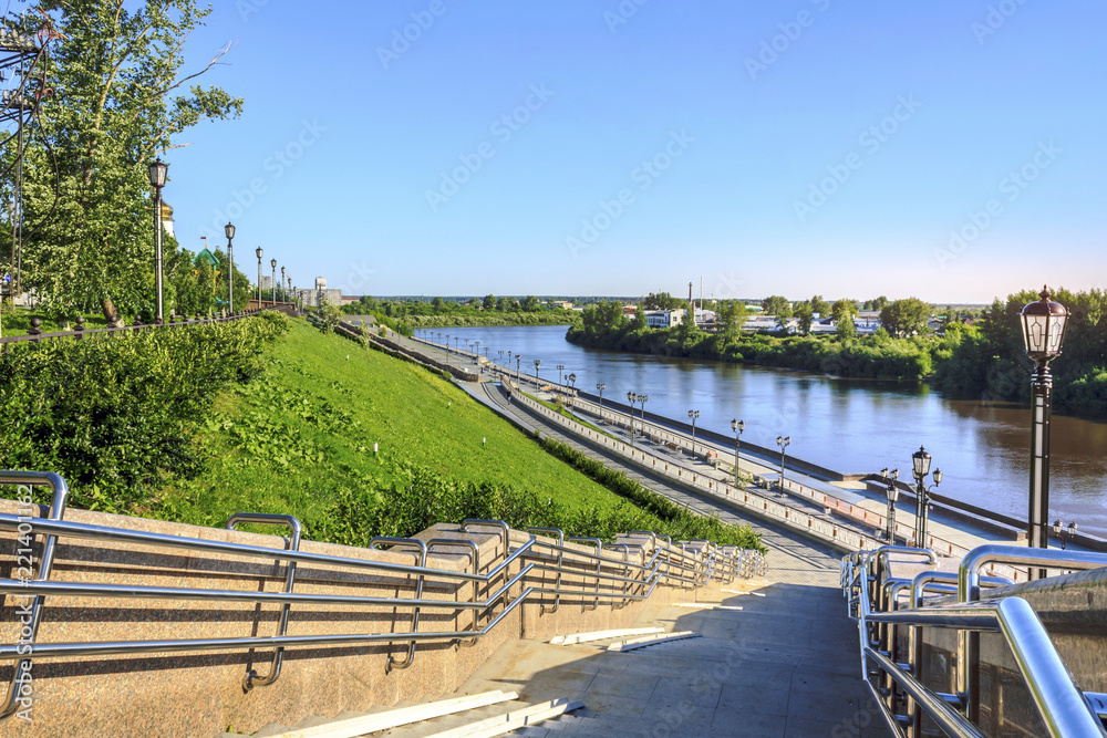Embankment of the river Tura in the city of Tyumen, Russia.
