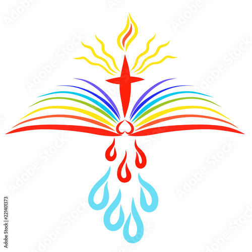 A shining cross with a flame above an open Bible and healing drops under it