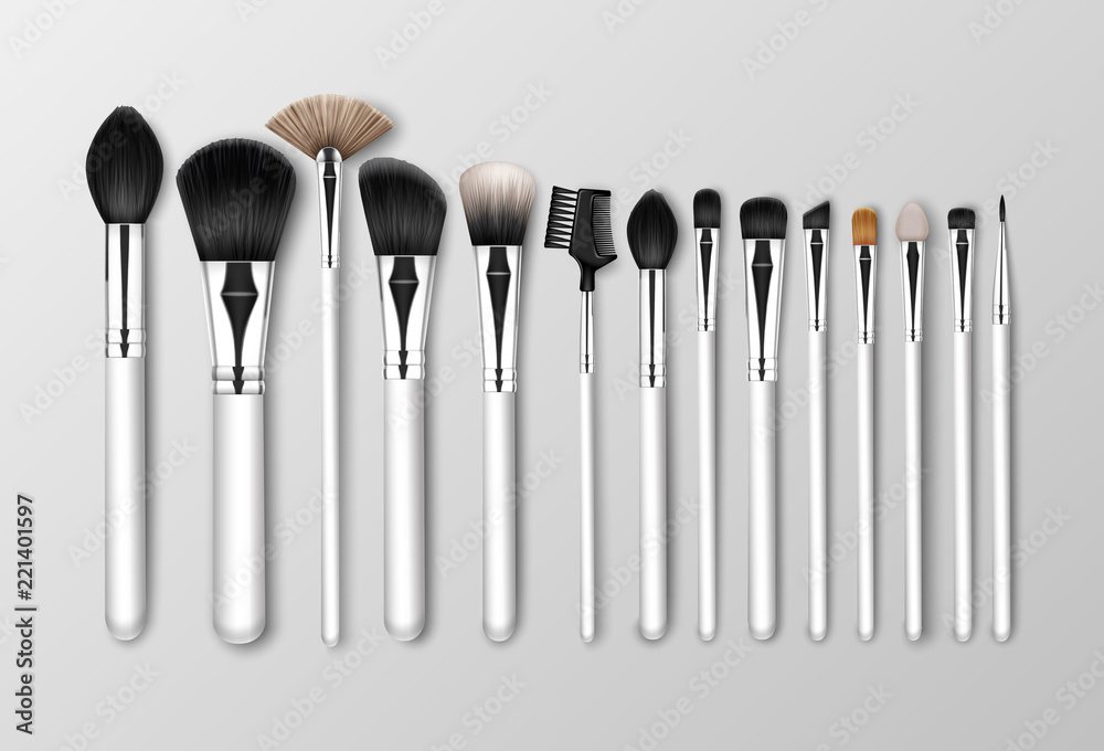 Vector Set of Black Clean Professional Makeup Concealer Powder Blush Eye Shadow Brow Brushes with White Handles Isolated on White Background