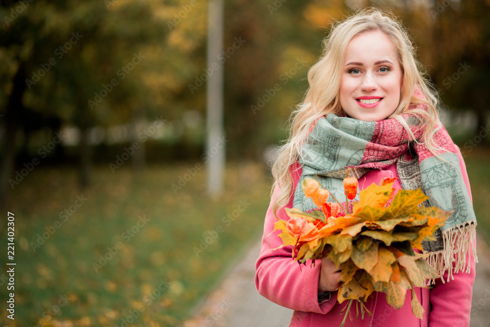 a girl in an autumn park with a bouquet of leaves a girl in an autumn park with a bouquet of leaves