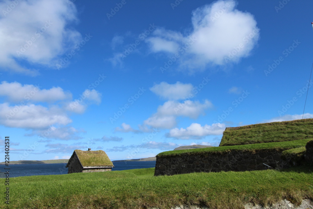 Typical house with grass os turf roof in Torshavn, Faroe Islands