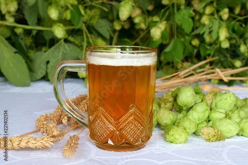 A mug of beer, spikelets of wheat and hops.