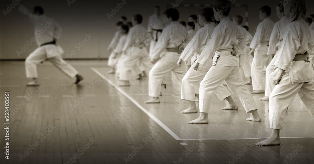Fototapeta Children's training on karate-do. Banner with space for text. For web pages or advertising printing. Photo without faces, from the back.