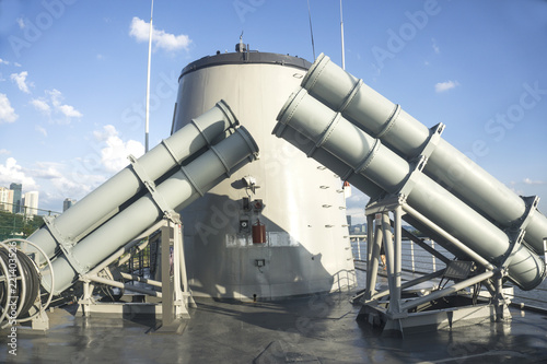 Cannons on the battleship. Artillery tower warship.
