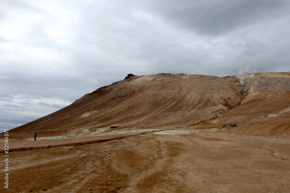 Krýsuvík Geothermic area in Iceland: brown soil, volcanic fumaroles 