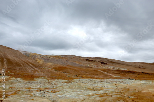 Krýsuvík Geothermic area in Iceland: brown soil, volcanic fumaroles 