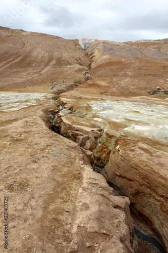 Krýsuvík Geothermic area in Iceland: brown soil, volcanic fumaroles 