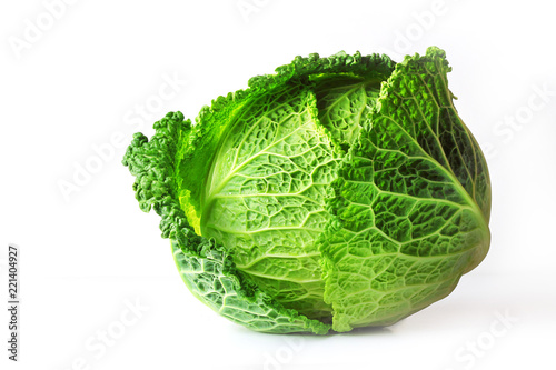 Savoy cabbage (Brassica oleracea L. convar, capitata var., Sabauda), isolated on white background. Slows the growth of malignant tumors. Add to your diet. Selective focus, copy space.