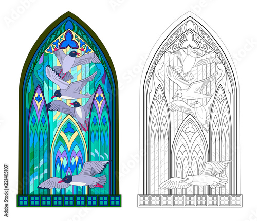 Colorful and black and white pattern of Gothic stained glass window with flying seagulls. Worksheet for children and adults. Vector image.