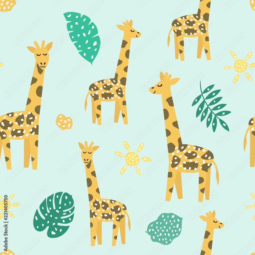 Fototapeta premium Childish seamless pattern with cute giraffe. Creative texture for fabric