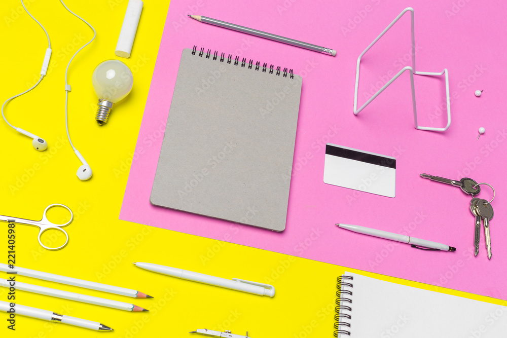 school supplies at colorful paper background school supplies at colorful paper background