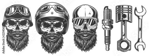 Set of skulls in the biker equipment