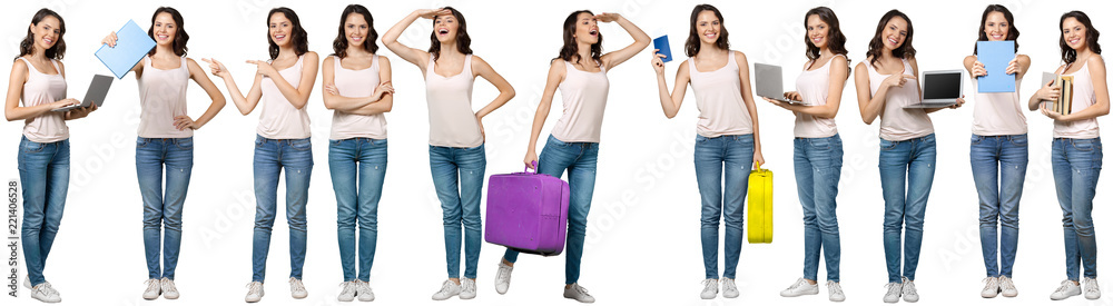 Collage of young woman. Isolated on white background - obrazy, fototapety, plakaty 