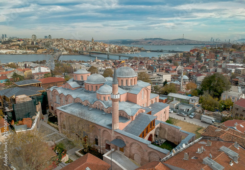 Photography Aerial view of Molla Zeyrek Mosque in Istanbul Turkey with Galata Tower and Gold