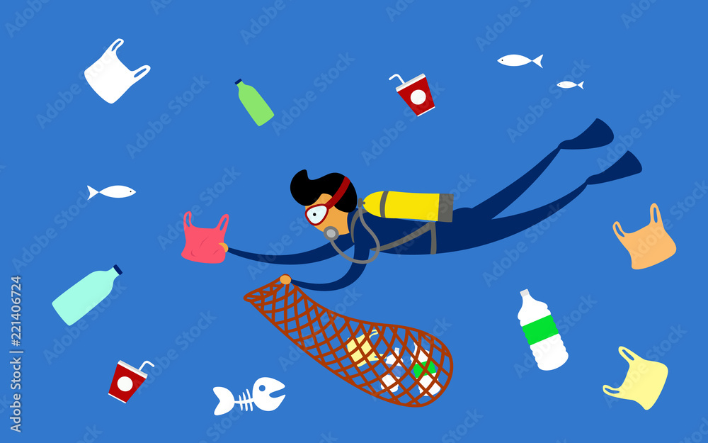 Stop plastic pollution. Reduce, Reuse, Recycle. Scuba diver cleaning