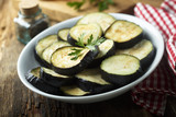 Sliced eggplant on the white plate