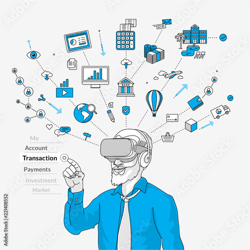 Manager using virtual reality glasses for his work.  Modern illustration in linear style.