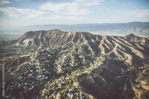 HOLLYWOOD, CA - SEPTEMBER 28, 2016: Hollywood sign and Los angeles view from helicopter.Originally created as advertisement for real estate development.