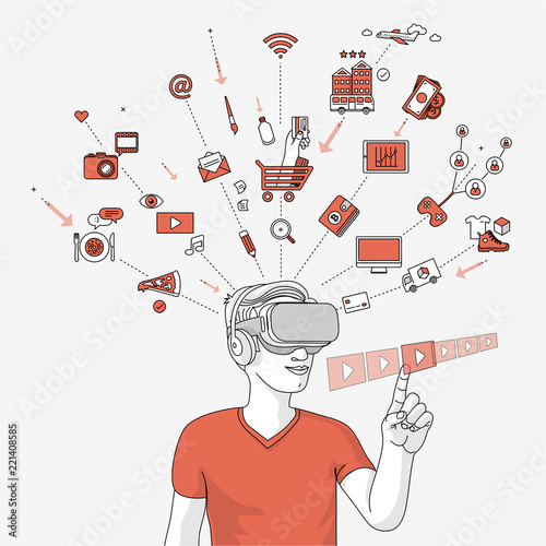 Man using virtual reality glasses for 
 online shopping and entertainment. Modern illustration in linear style.