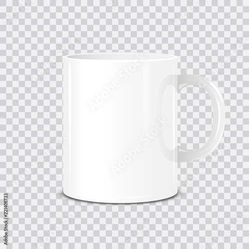 Realistic vector white cup isolated on transparent background. Mock Up template.