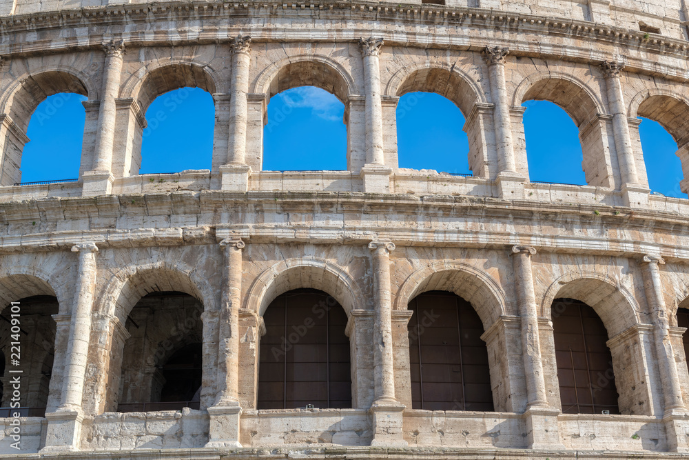 Close up detailed view of the exterior wall of the Colosseum in Rome, Italy.