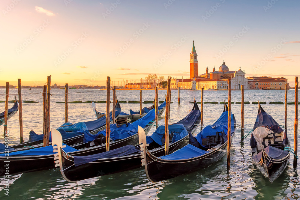 Venice sunrise. Venice gondolas on San Marco square at sunrise, Grand Canal, Venice, Italy,