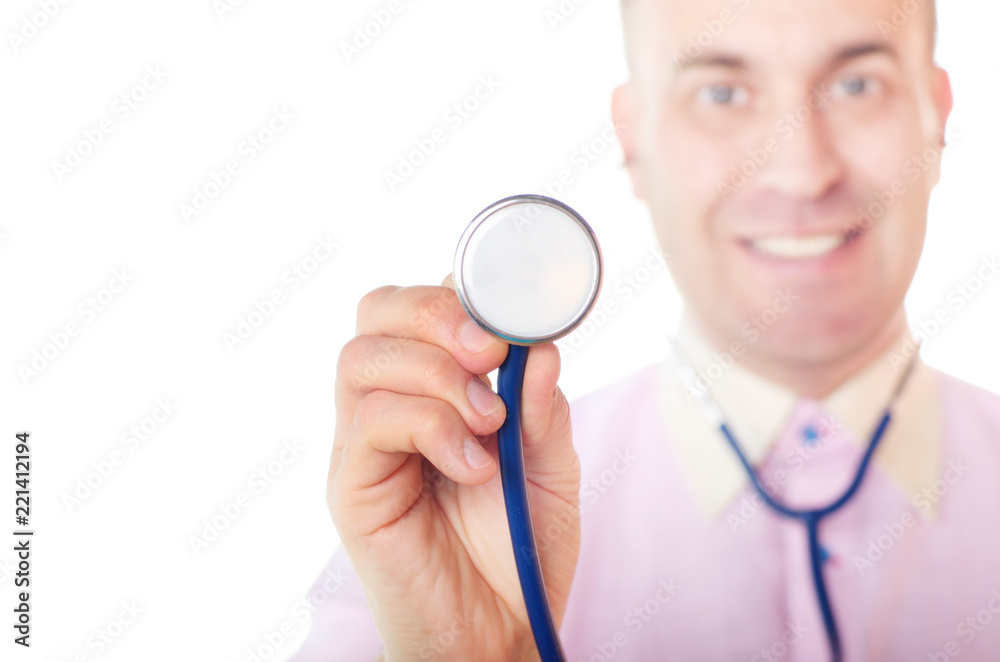 Doctor with a stethoscope bell in his hand on white background Doctor with a stethoscope bell in his hand on white background