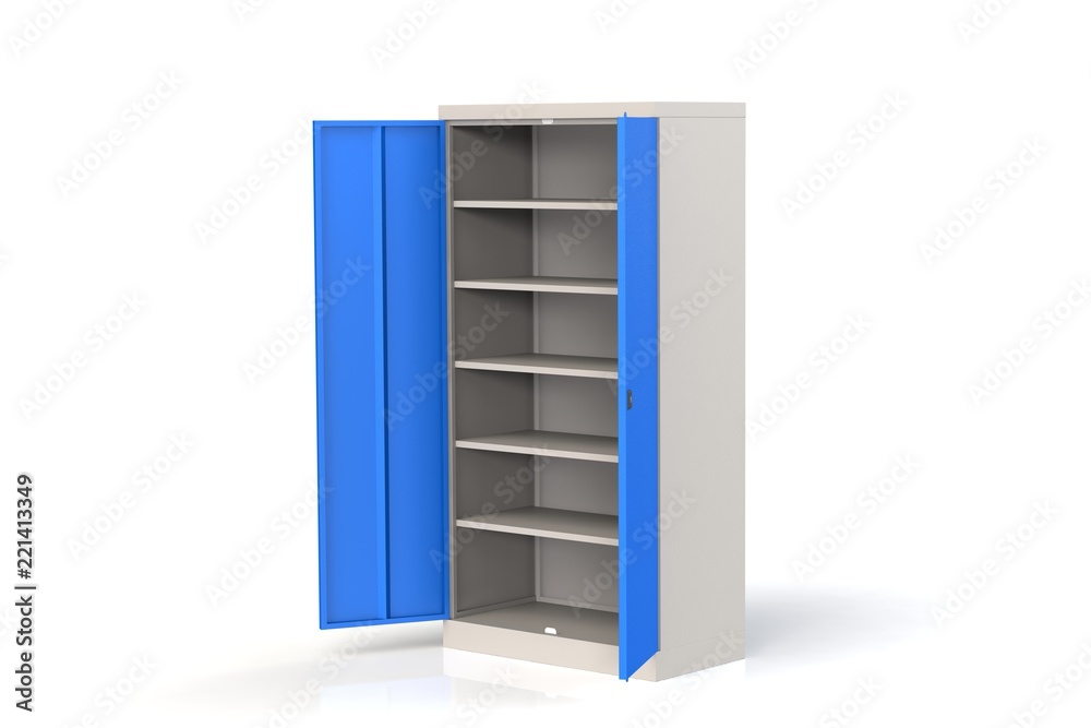 Metal cabinet with shelves for tools. Fireproof shelving for documents. 3D model rendering. Metal cabinet with shelves for tools. Fireproof shelving for documents. 3D model rendering.