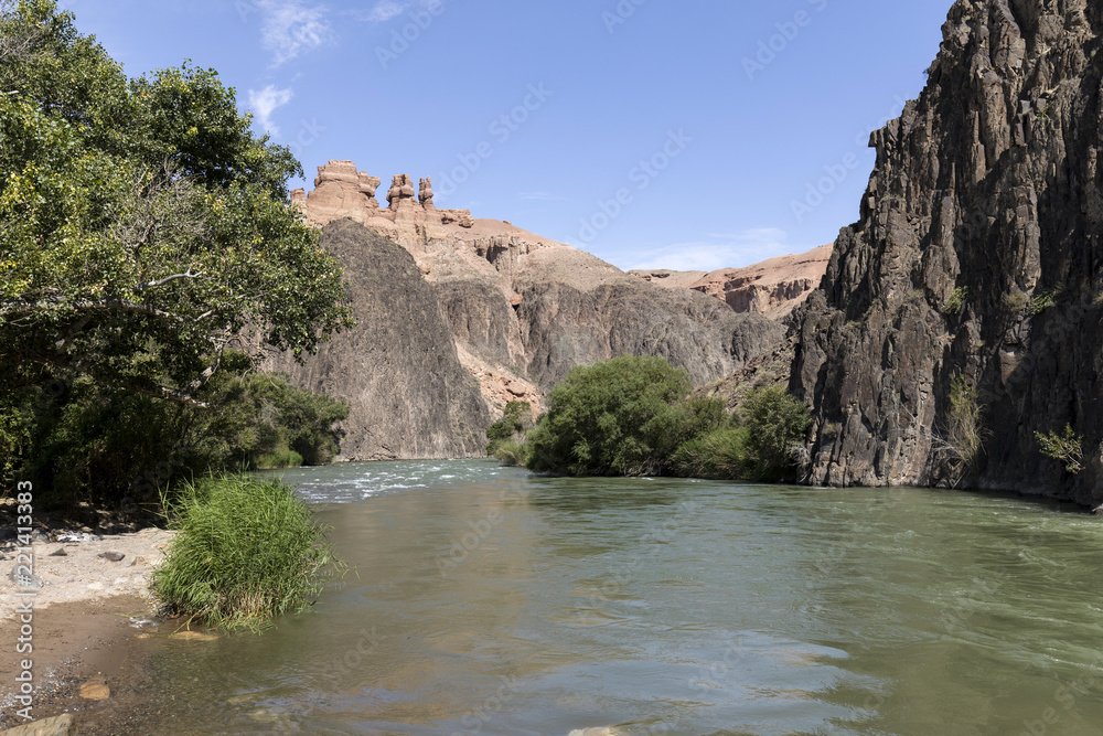 Charyn River flows within the Charyn Canyon and provides a fertile shore with its water. The canyon is also called valley of castles and is located east of Almaty in Kazakhstan.