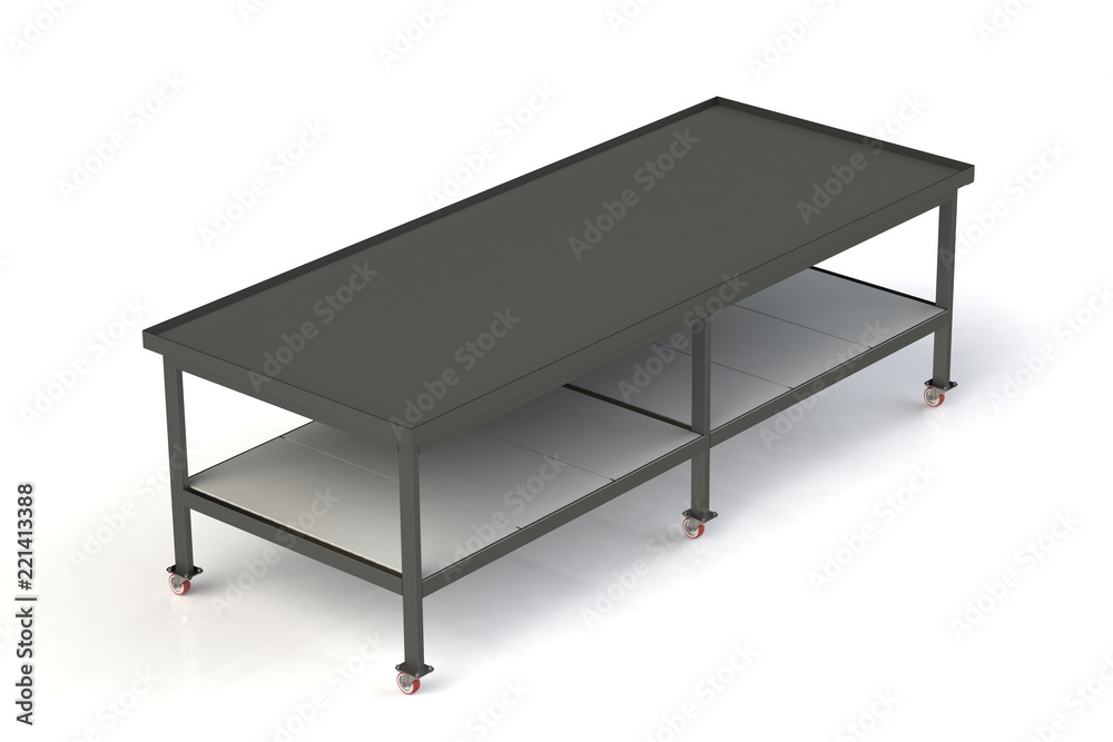 Working table of black metal covered with rubber. On white isolated background. 3D rendering, 3D illustration. Working table of black metal covered with rubber. On white isolated background. 3D rendering, 3D illustration.