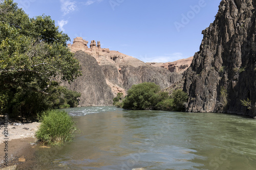 Charyn River flows within the Charyn Canyon and provides a fertile shore with its water. The canyon is also called valley of castles and is located east of Almaty in Kazakhstan. © Fredy Thürig
