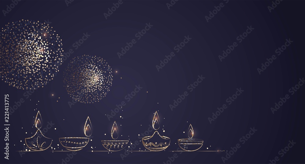 Hand Drawn Illustration of Diwali lamps with Golden Lights on Dark Blue Background. Vector Illustration