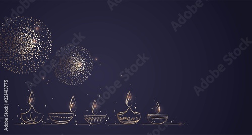 Hand Drawn Illustration of Diwali lamps with Golden Lights on Dark Blue Background. Vector Illustration