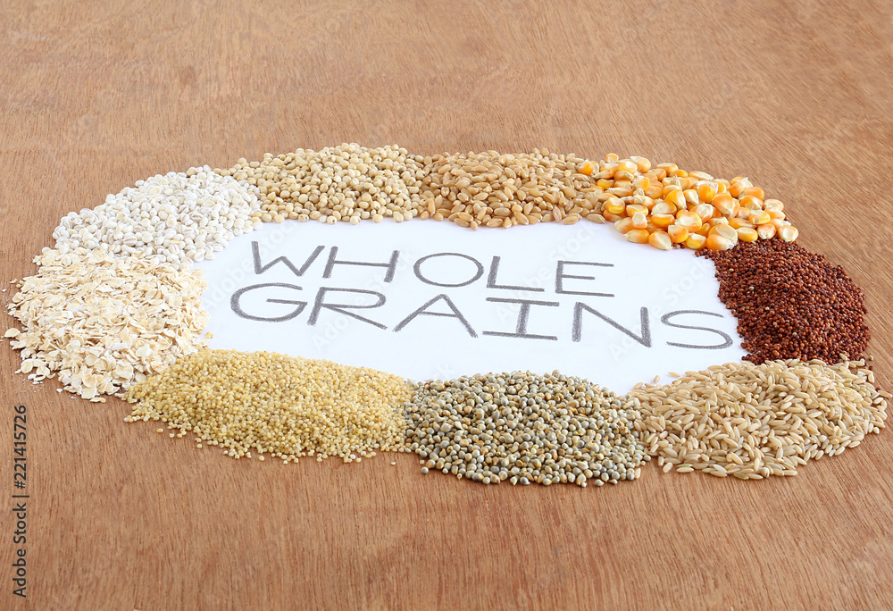 Whole grains which are healthy food indicated by text handwritten