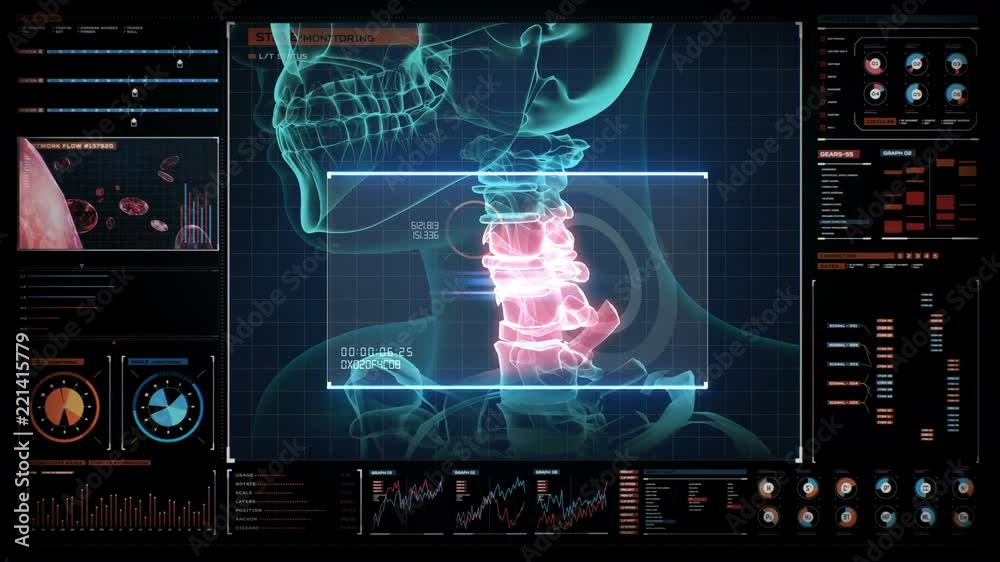 Human medical care center, main control room, 3d rendered painful neck joint. medical concept in digital display. 4k animation. Human medical care center, main control room, 3d rendered painful neck joint. medical concept in digital display. 4k animation.