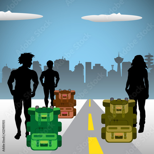 Colorful illustration with three backpackers on the side of the road