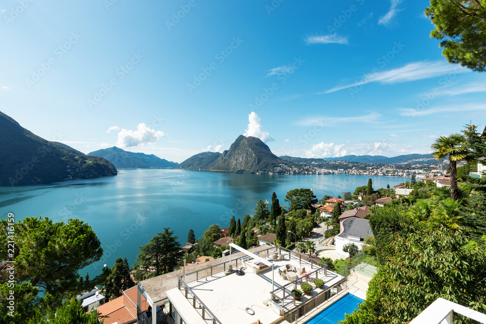 Balcony overlooking Lake Lugano on a summer day