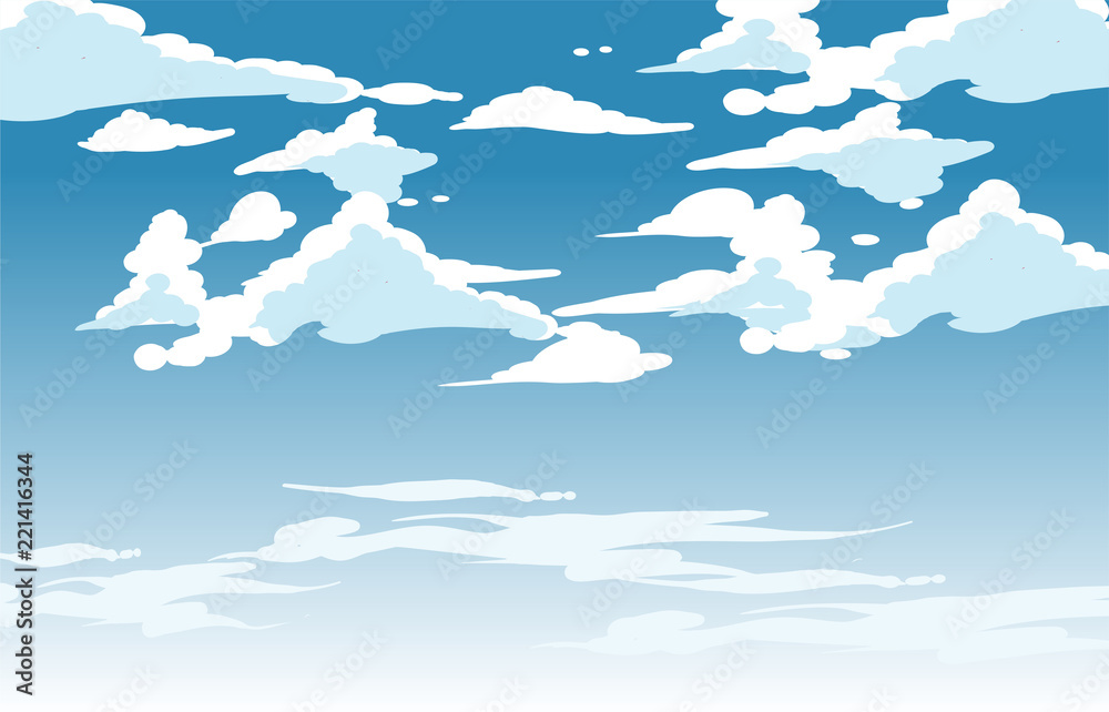 Plakat Wektorowe niebieskie niebo chmury. Anime czysty styl. Projekt tła