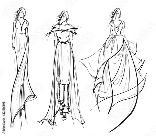 Sketch. Beautiful fashion girl. Fashion bride model in a wedding dress. Vector illustration.