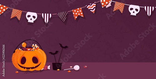 Happy halloween holiday background with pumpkin and candies. Vector illustration