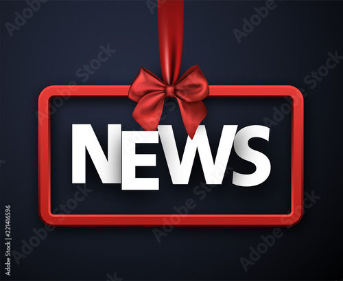 Blue news sign or header with red satin bow.