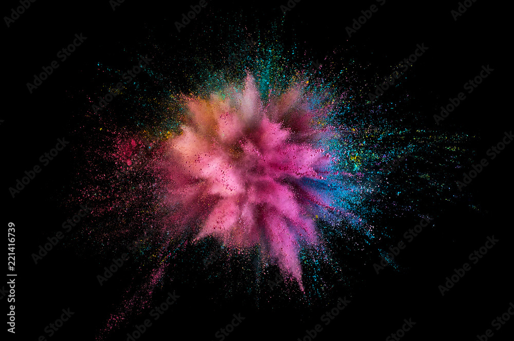Colored powder explosion. Abstract closeup dust on backdrop. Colorful explode. Paint holi - obrazy, fototapety, plakaty 