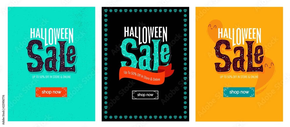 Halloween sale templates. Set of mobile website social media banners, posters, email and newsletter designs, ads, promotional material. Vector illustrations