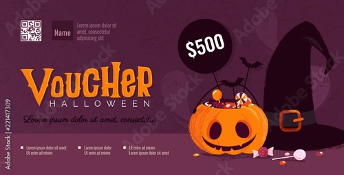 Halloween gift voucher template with pumpkin and witch hat. Vector illustration